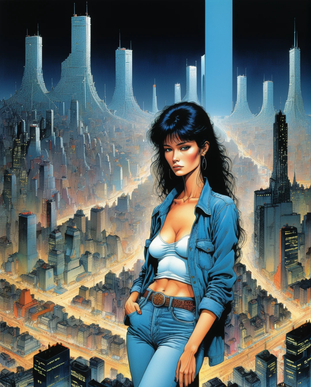 Mobis (Jean Giraud) Style - A picture by Jean Giraud Mobis, (80's, Retro), (Album cover), (masterpiece, highest quality, Intricate details), ,
girl, alone,
City scene, City of night, Tokyo, High Fashion,