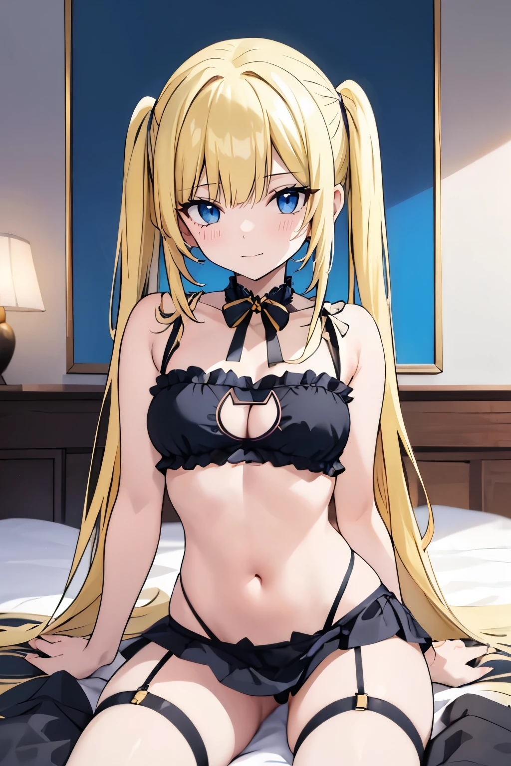 masterpiece, solo girl, (young female body:1.4), ( medium small breasts), cowboy shot, flustered, yellow golden hair, extra gold long pigtails hair, thick wavy hair, hime cut, blunt bangs, crystal blue eyes, light blue detailed eyes, bedroom background, black cat lengerie, black lingerie, cat pose, cat lingerie, cleavage cutout, black stockings, black lingerie skirt, garter straps, kneeling on bed, extra short skirt