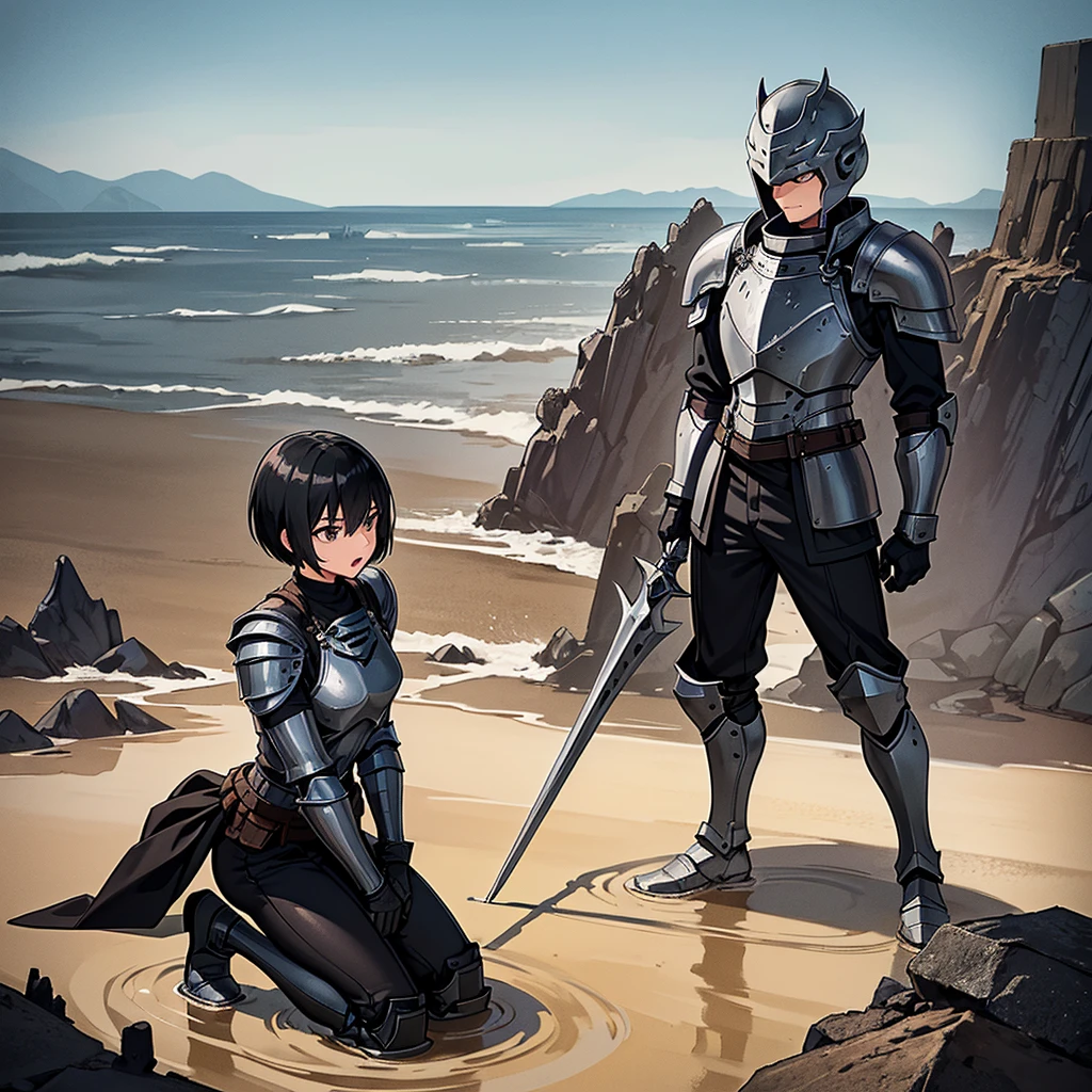 Best illustrations、Best Quality、(Full body character concept)、(((Gray simple armor、Black trousers、Black gloves、Short Hair、Black Hair、20 year old man、Iron Helmet、Iron helmet)))、(((Fighting Pose)))、(Old ruins、desert。Grasasked Knight)、(Black, muddy swamp)、(Medieval Knight)、(Close your eyes、get annoyed、Open your mouth、Get angry、Sweat)、battlefield、(From above at an angle)、Sea of mud、Black Sea、Fall to the ground