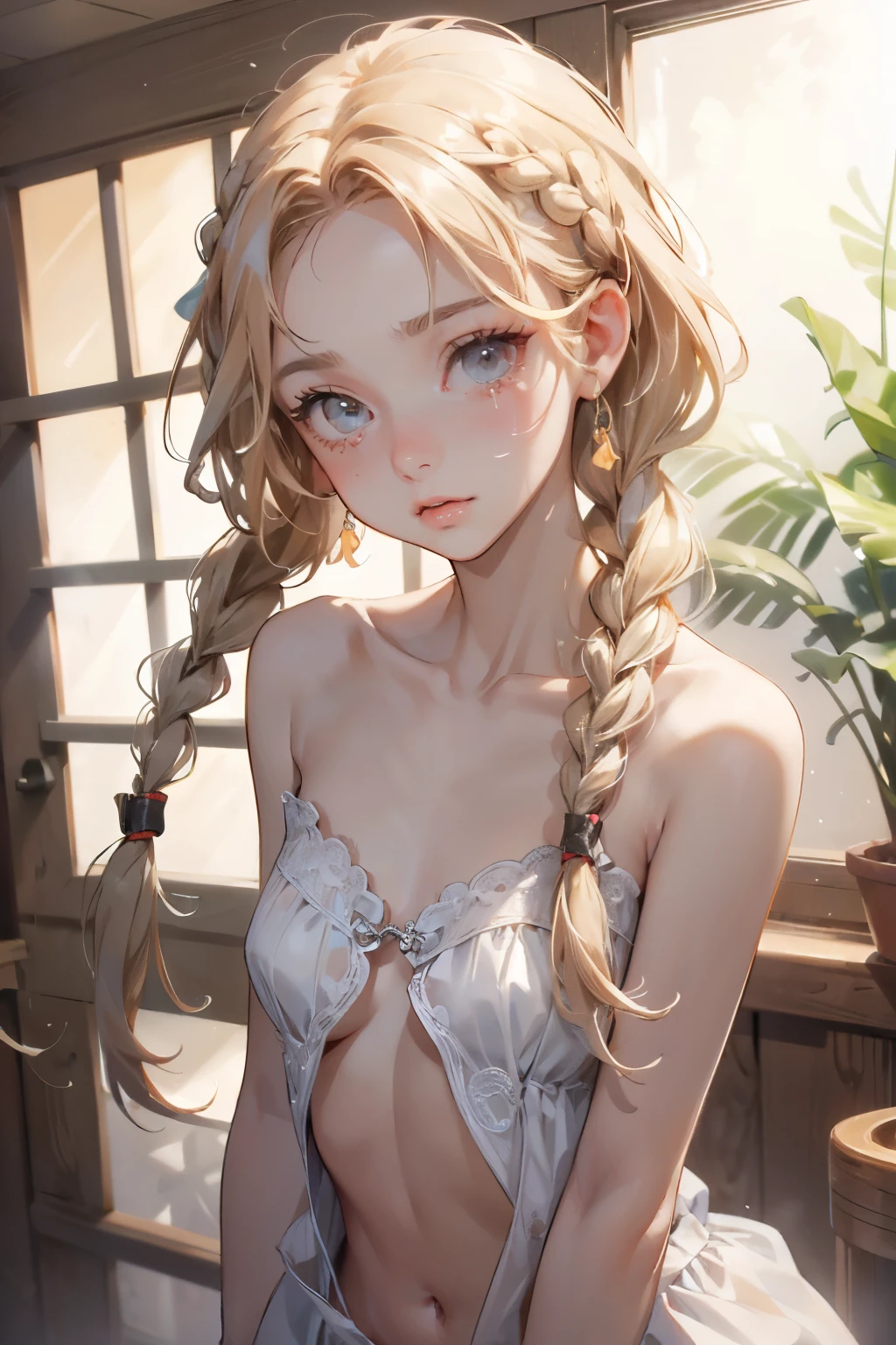  ((best quality)), ((masterpiece)), (detailed), 1girl, (big forhead:1.2),extremely detailed cute anime face, (((flat chest))), (flat chest:1.1),((((long twin braids,tight braids,long braid,braided hair,long hair)))),intricate eyes,beautiful detailed eyes,symmetrical eyes,(((detailed face))),beautiful detailed lips, looking at this, (((embarrassed))),(horrified expression),(panic),(crying),highres,(best quality),(ultra detailed,extremely detailed),perfect face details, ((masterpiece:1.4, best quality))+, (ultra detailed)+, long twintails, cute girl, (flat chest:1.1), small breasts, slim body, skinny, (narrow hips), prominent collarbones, skinny arms, flat stomach, visible hip bones, long hair, red hair, white hair, blonde hair, dark hair, ponytail, thick ponytail, heavy ponytail, small breasts, perfect face, small breasts (flat chest:1.1), NSFW, Detailed body，Full limbs，NSFW, (flat chest:1.1), nude