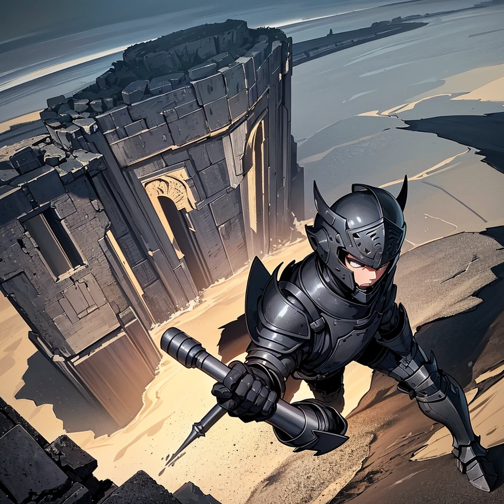 Best illustrations、Best Quality、(Full body character concept)、(((Gray simple armor、Black trousers、Black gloves、Short Hair、Black Hair、20 year old man、Iron Helmet、Iron helmet)))、(((Fighting Pose)))、(Old ruins、desert。Grasasked Knight)、(Black, muddy swamp)、(Medieval Knight)、(Close your eyes、get annoyed、Open your mouth、Get angry、Sweat)、battlefield、(From above at an angle)、Sea of mud、Black Sea、Fall to the ground