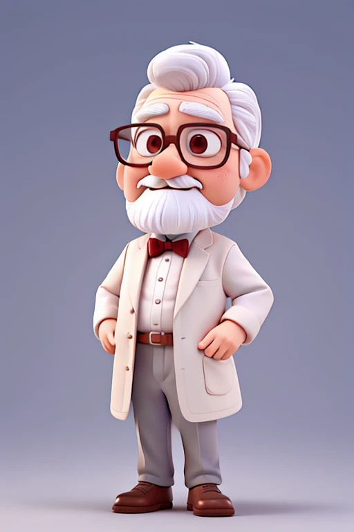 Pixar style image, short little man, 70 years old, He has a white beard, white mustache, lots of white hair standing on end, teacher, wearing white coat and bow tie, wear glasses