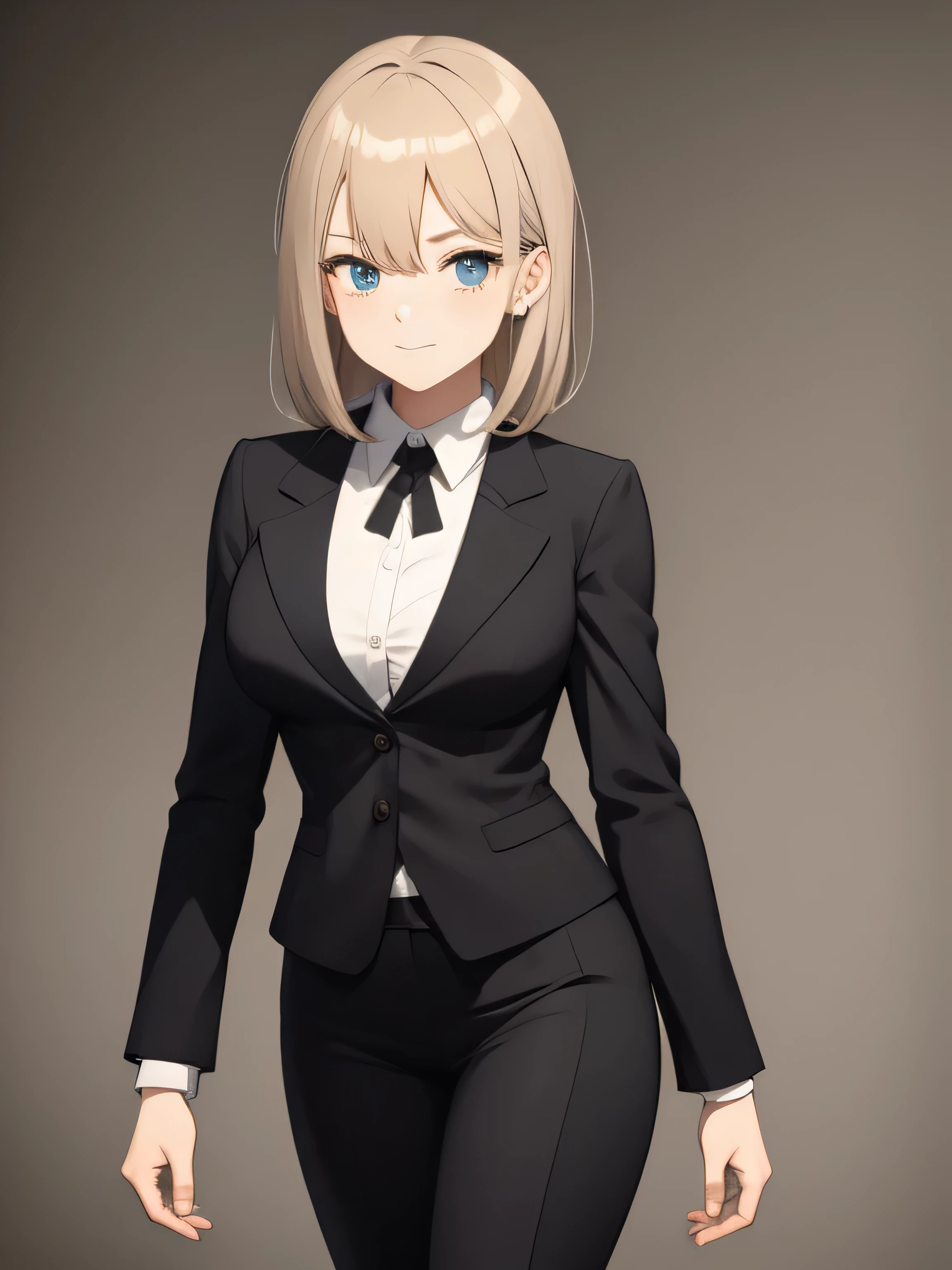 girl in business suit with sexy curves in full growth with folded hands stands directly in front of camera, hand drawn style