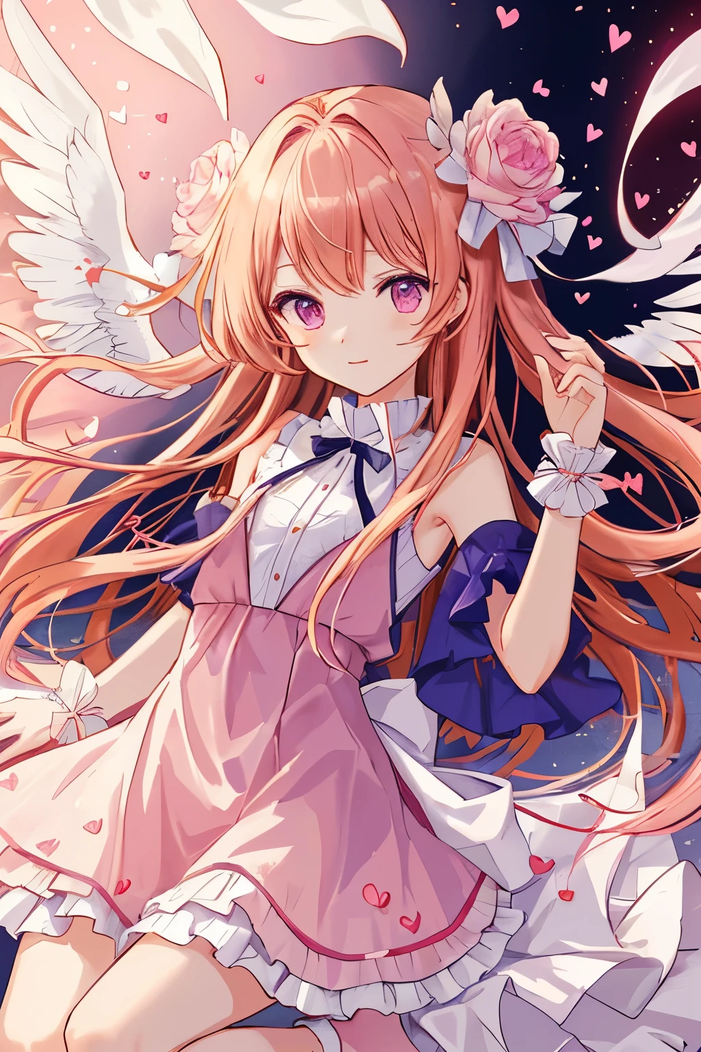 1_girl, (anime, kawai:1.5), (masterpeice, best_quality, simple, cute, dreamy, vibrant, clean:1.5), (cute, cute_smile, young:1.5), (delicate, beautiful, thin:1.5), (girlfriend, angel:1.5), (green_eyes, simple_eyes:1.3) (long_hair, blond_hair, wearing_pink_dress, pink_angel_wings, gloves:1.8), (warm:1.5), extremely_delicate, (love:1.8), (age_size_fits_body), (small_thighs, thin:1.3), (eye_level:1.3), (heart_magic, love:1.5)
