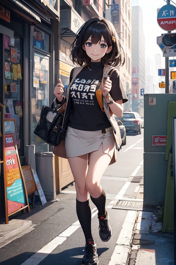 a beautiful young girl with long, messy black hair wearing a short skirt, t-shirt and jacket, smiling cheerfully and gesturing as she walks through a brightly lit city, carrying a skateboard, (best quality,4k,8k,highres,masterpiece:1.2),ultra-detailed,(realistic,photorealistic,photo-realistic:1.37),detailed face, beautiful eyes, nose and lips, vibrant colors, natural lighting, cityscape, urban, street scene