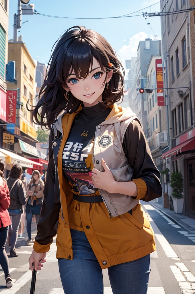 a beautiful young girl with long, messy black hair wearing a short skirt, t-shirt and jacket, smiling cheerfully and gesturing as she walks through a brightly lit city, carrying a skateboard, (best quality,4k,8k,highres,masterpiece:1.2),ultra-detailed,(realistic,photorealistic,photo-realistic:1.37),detailed face, beautiful eyes, nose and lips, vibrant colors, natural lighting, cityscape, urban, street scene