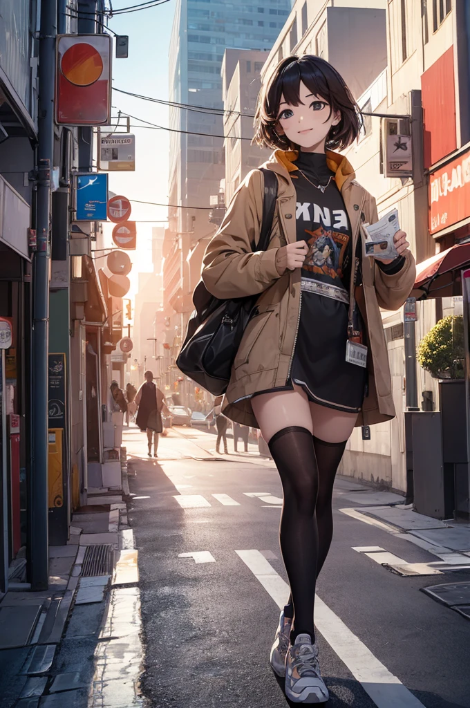 a beautiful young girl with long, messy black hair wearing a short skirt, t-shirt and jacket, smiling cheerfully and gesturing as she walks through a brightly lit city, carrying a skateboard, (best quality,4k,8k,highres,masterpiece:1.2),ultra-detailed,(realistic,photorealistic,photo-realistic:1.37),detailed face, beautiful eyes, nose and lips, vibrant colors, natural lighting, cityscape, urban, street scene