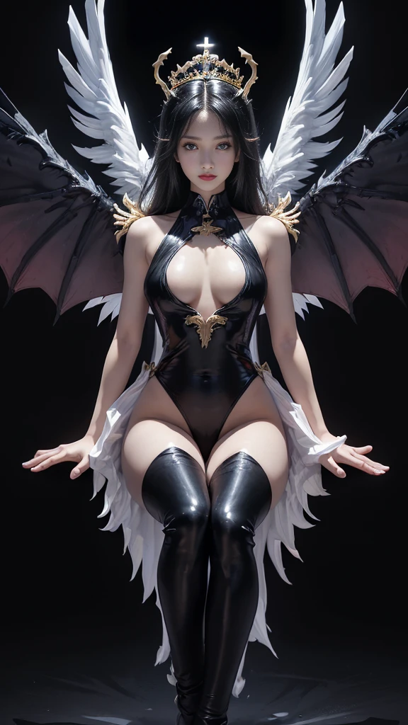 (highest god, Great Demon Lord), (Realistic picture, highest resolution, 16K), (A demon god with wide wings and enormous power on his shoulders., Twelve wings on the shoulders, 3 black bat wings:1.5, 3 white angel wings:1.5), 6 angel wings, 6 devil wings, (สาวสวยlong hairสองเมตร, shiny black hairงาม, Smooth white skin, Lips are very red.), ((stand, already)), (big breasts, หัวBig tits), (gigantic breast, breast augmentation, Breast 400 cc., small waist, hips raised, small thighs, Long legs), (dynamic poses), (Armor that slightly conceals the body), Separate theme, (Angel wings and devil wings), floating in the air above the groundดิน, background darkness, Embraced with twelve wings, wearing a large king crown, crown shining bright, wears little armor, There is power coming out of the body., sparkling wings, white light black light, amazing wings, beautiful gesture, 8K resolution, Resolution 4000 x 2250 pixels, beautiful gesture, Angel wings and devil wings, (Realistic picture, highest resolution, 16K), (A demon god with wide wings and enormous power on his shoulders.., Twelve wings on the shoulders., black bat wings:1.3 white angel wings:1.5), Angel wings and bat wings, wings inserted between wings, 12 wings, 6 angel wings, 6 bat wings, (สาวสวยlong hairสองเมตร, shiny black hair, Smooth white skin, Lips are very red.), very long hair, ((stand, toe)), (big breastsโต, หัวBig tits), (gigantic breast, small waist, hips raised, small thighs, Long legs), (dynamic poses), (black and white leotard, There are beautiful patterns., Decorated with gold embroidery., Show off your chest), Separate theme, (Angel Wings and Demon Lord Wings), floating in the air above the ground, standบนแสง, background darkness, Embraced with twelve wings, white and black light crown, A rainbow glow on the back of the head, The most busty breasts, Big tits, universe backdrop, dynamic gesture, thin, wings on shoulders, bat wings on shoulder, angel wings on shoulder, Demon Lord wings on shoulder, 12 wings, twelve wings, White wings, black wings, long hair, (wings fully spread out), (2 levels of devil wings, 2 levels of divine wings), The wings alternate layers perfectly., (((ชั้นปีกนางฟ้าสีขาวสลับชั้นกับblack bat wings, 6 floors))), All wings spread up,