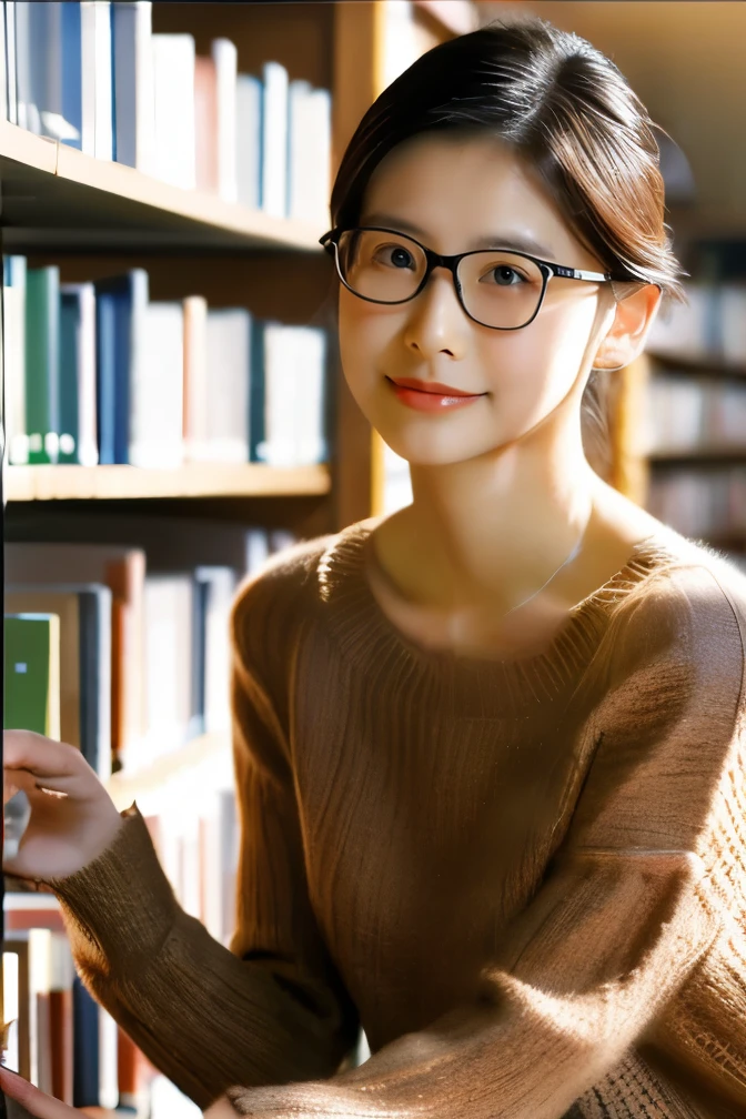   (8k, RAW photo, best quality, masterpiece), (photo realistic), outstanding details, ultra-high resolution, anatomically correct, textured skin, ((Extremely precise and accurate anatomy)),

A cute 35-years-old Japanese woman, librarian arranging books in the library, 

(fearless smile:0.1),  
(Downturned Eyes), (kind eyes:1.2) , kind Gaze, 
(chignon:1.4), low chignon, (Rimless round glasses), 
(light makeup) , 

looking at viewer, 
pupils sparkling,  thin lips, Mouth slightly open, 
dark brown hair, Forehead, 
(white simple summer sweater) , ( simple cotton Light brown flared skirt) , 
Earrings, Necklace, 

(background Spacious library interior, bookshelves), 
(backlighting), 
reflection light from below, 
atmospheric perspective, depth of field, 
(dramatic lighting), cinematic lighting, 