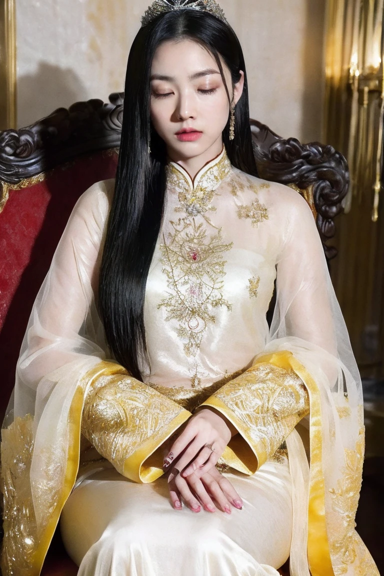 realistic photo,full body shot,a chinese girl has long white straight hair,ultra-detailed, hyper details, delicate detailed, intricate details, cinematic light,Backlights,  from below, perfect body,  glowing yellow eyes,emperor, black see-through clothes,crown, sitting on Throne, slightly close eyes, looking downward, turn head, shy, makeup, high contrast,colorful,