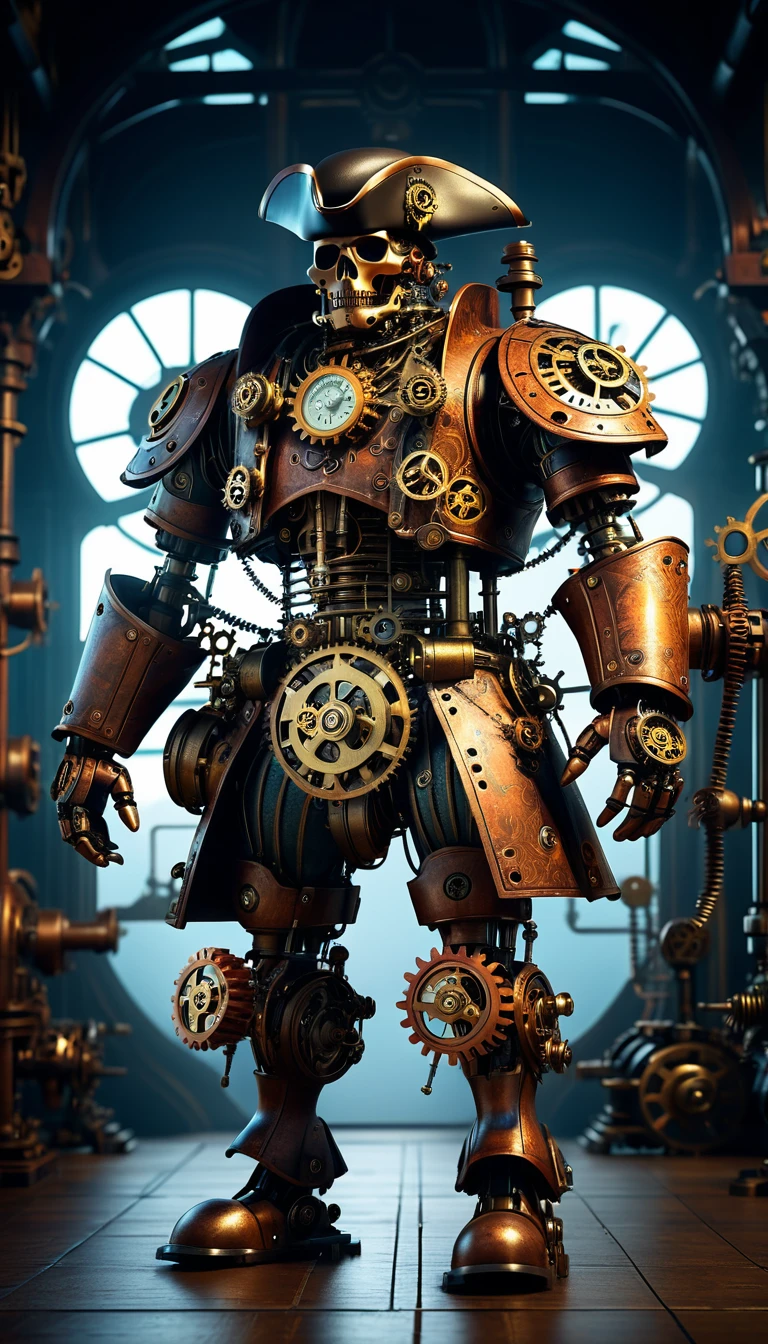 a steampunk pirate cyborg, mechanical creature, intricate gears and machinery, full body shot, highly detailed,a combination of an 18th century pirate and a mechanical creature, dramatic lighting, cinematic composition, (best quality,4k,8k,highres,masterpiece:1.2),ultra-detailed,(realistic,photorealistic,photo-realistic:1.37),cinematic, dramatic shadows, dramatic highlights, warm color tones, rust and aged metal textures, complex technical details, cyberpunk, science fiction, mechanical, intricate clockwork mechanisms, advanced technology, futuristic, steam-powered, (cog,gear:1.2), (machinery,clockwork:1.1), (character design:1.1), (character:1.1)