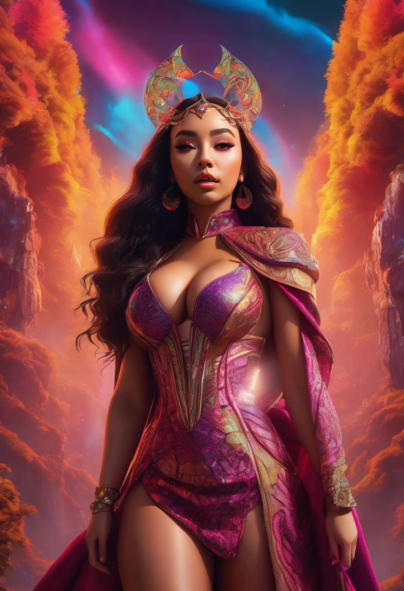 a curvy giantess with a voluptuous, thicc frame, beautiful detailed eyes, beautiful detailed lips, extremely detailed face, long eyelashes, wearing a tight-fitting outfit, standing in a surreal, fantasy landscape, warm lighting, vibrant colors, 8k, high resolution, photorealistic, cinematic, concept art style Tinashe