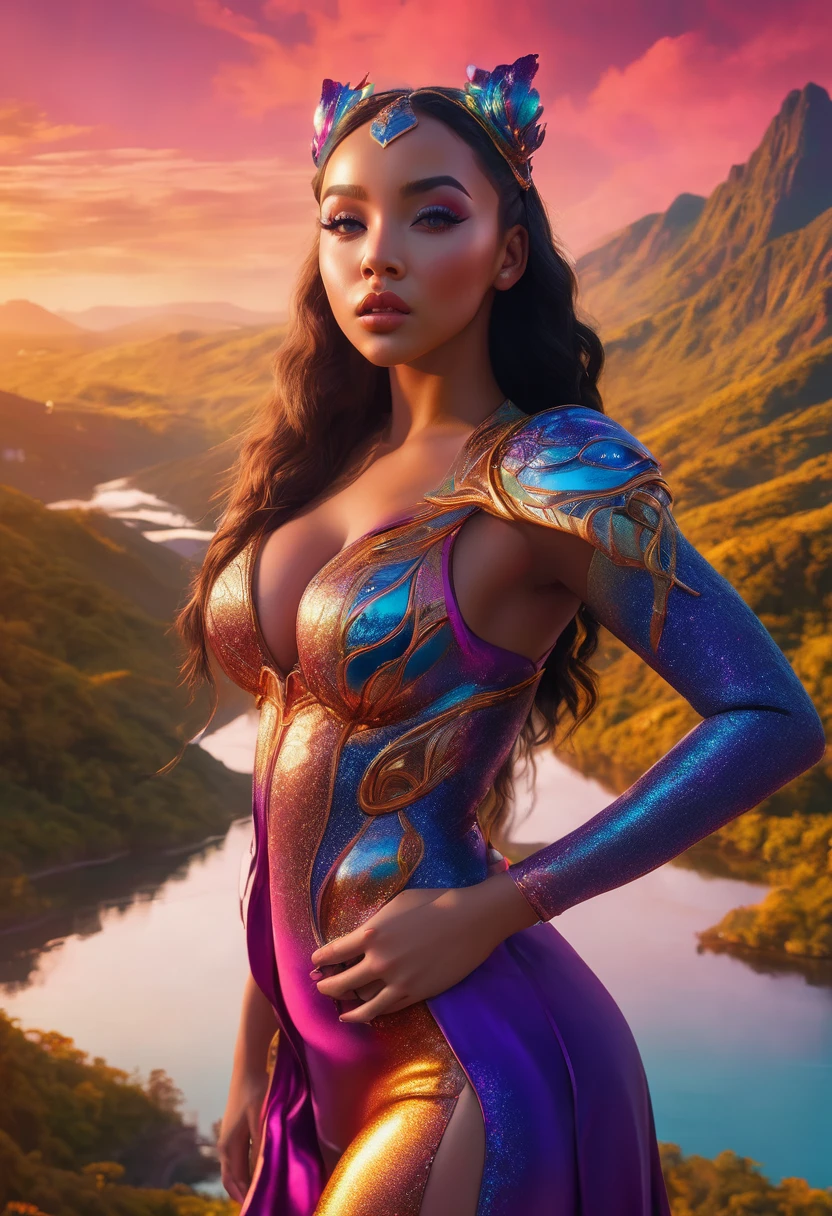 a curvy giantess with a voluptuous, thicc frame, beautiful detailed eyes, beautiful detailed lips, extremely detailed face, long eyelashes, wearing a tight-fitting outfit, standing in a surreal, fantasy landscape, warm lighting, vibrant colors, 8k, high resolution, photorealistic, cinematic, concept art style Tinashe
