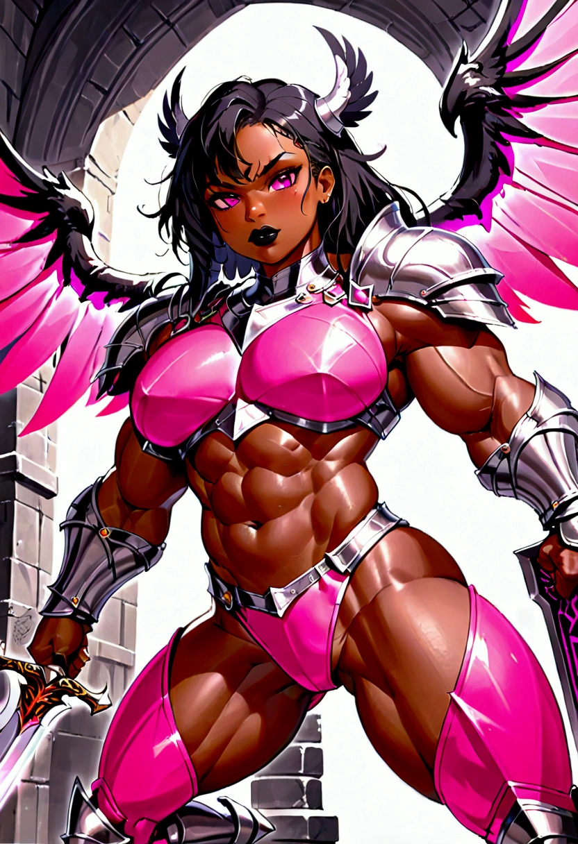 ((((Massive, tall, beautiful, buff, muscular light brown skinned female knight with shocking black hair, black lipstick, huge angle wings, ginormous bulky muscles, holding a sword and shield and wearing an all pink gleaming knight armor with hauberk and pants)))), {close view}, black eyeliner, massive muscles, massive biceps, hyper muscle triceps, (angled bob cut), red eyes, giant angel wings, knight boots, In a castle, (hauberk pants), steel knight armor, armor breastplate, nighttime, confident smile, hyper muscles arms, hyper muscle legs, ginormous arms