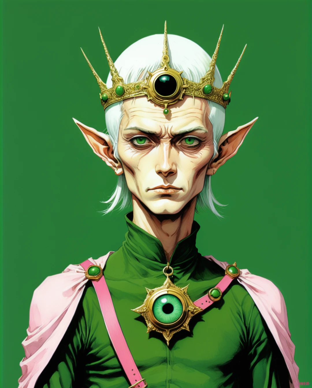 Mobis (Jean Giraud) Style - A picture by Jean Giraud Mobis, Japanese Anime,Second Dimension,Horror style,horror character,(((third eye on the forehead,Dark eyeshadow,White short hair,Elf ears,Green Skin,Exaggerated golden crown-eyeball decoration))),(((Japanese clothing))).(((Thin waist,Green belt:1.6))).Pure pink background