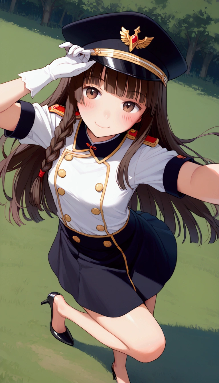 {Highest quality}, {Super beautiful},{Ultra fine},{Best illustration},Brown Hair,Hime cut,long hair,Braid,One woman,Standing Woman,Strike a pose,smile,smilingly,Uniform cap,White Shirt,Short sleeve,Long black skirt,White gloves,at the park,Blushing,Slender,Black stiletto heels,barefoot,One leg up,From an angle,from the front,