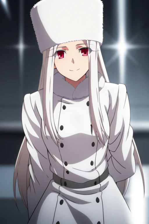 Irisviel Von Einzbern, (large breasts), oversized breasts, long hair, white hair, white fur coat, (white belt), white fur hat, solo, facing the viewer, looking at the viewer, smile, closed mouth, blurry background