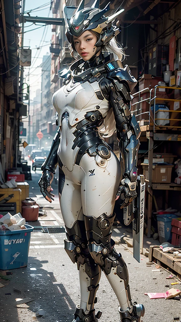 ((Highest quality)), ((masterpiece)), ((Realistic)), (detailed), (photoRealistic:1.5), Futuristic Girl, (Thick body), (White bodysuit), Lights on Armor, Cybernetic Headwear, View your viewers, Dynamic pose, Post-apocalyptic, Destroyed city background, The building is on fire, sf, High resolution, Ray Tracing, NVIDIA, Super Resolution, Unreal 5, Scattered beneath the surface, PBR Texturing, Post-processing, Anisotropic Filtering, Depth of written boundary, Maximum clarity and sharpness, Three-part method, 8K RAW, (Luminous Particles:1.4), (extremely detailed cg, unity 8k wallpaper, 3d, Cinema Lighting, Lens flare), reflection, Sharp focus, Cyberpunk art, Cyberpunk architecture,