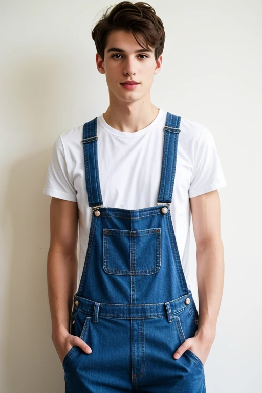 Young handsome cute beautiful skinny white face Without shirt with jeans and short overalls with dungarees