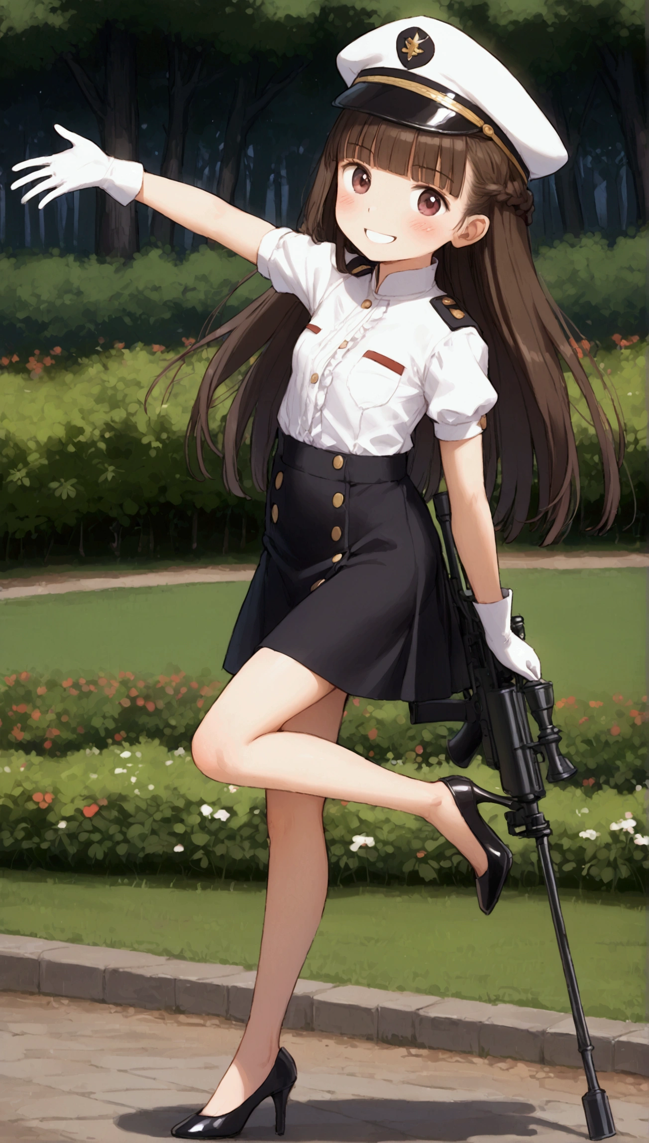 {Highest quality}, {Super beautiful},{Ultra fine},{Best illustration},Brown Hair,Hime cut,long hair,Braid,One woman,Standing Woman,Strike a pose,smile,smilingly,Uniform cap,White Shirt,Short sleeve,Long black skirt,White gloves,at the park,Blushing,Slender,Black stiletto heels,barefoot,One leg up,from the front,With a sniper rifle