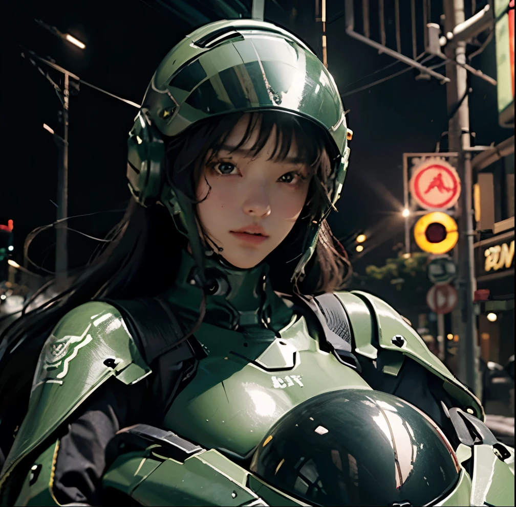 Highest image quality, outstanding details, ultra-high resolution, (realism: 1.4), the best illustration, favor details, highly condensed 1girl, with a delicate and beautiful face, dressed in a black and green mecha, wearing a mecha helmet, holding a directional controller, riding on a motorcycle, the background is a high-tech lighting scene of the future city.