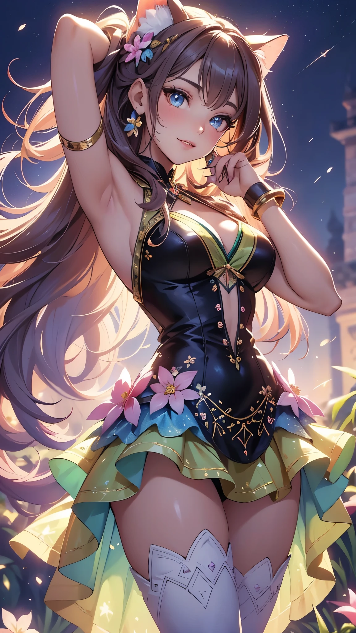 (best quality,4k,8k,highres,masterpiece:1.2),ultra-detailed,(realistic,photorealistic,photo-realistic:1.37),acrylic painting,beautiful Brazilian model in a ta dress with downy hair,beautiful Brazilian model with extremely colorful hair and detailed facial features,beautiful Brazilian model standing in a beautiful garden surrounded by a starry sky,brown hair,beautiful Brazilian model wearing a vibrant Loliress,beautiful Brazilian model with intricate accessories,cat ears,beautiful Brazilian model posing gracefully with her hands on her hips,beautiful Brazilian model with long flowing twintails,beautiful Brazilian model with bright blue eyes and rosy lips,beautiful Brazilian model with a joyful expression,beautiful Brazilian model in a dynamic pose with cherry blossoms falling around her,beautiful Brazilian model surrounded by colorful flowers and butterflies,beautiful Brazilian model's dress adorned with cute bows and lace details,beautiful Brazilian model with an enchanting smile,beautiful Brazilian model with soft, pastel-colored shading,beautiful Brazilian model with a magical glow illuminating her,beautiful Brazilian model in a picturesque setting with a winding path leading to a magnificent castle,beautiful Brazilian model holding a microphone and singing passionately,beautiful Brazilian model with a fairytale-like background,beautiful Brazilian model with a soft, dreamy atmosphere,beautiful Brazilian model with a subtle bokeh effect,beautiful Brazilian model standing under a moonlit sky,beautiful Brazilian model with a warm, golden sunset in the background,beautiful Brazilian model surrounded by twinkling stars and colorful nebulae,creating an ethereal and captivating artistic masterpiece.