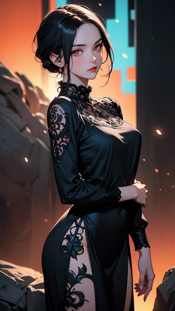 A captivating anime-style illustration. Young woman with long, straight black hair. Piercing red eyes. Intense and mysterious expression. Slightly tilted head, looking over her shoulder. Pale skin with a cool, blueish tint on one side, contrasting with warm, orange-red lighting on the other. Wearing a form-fitting black dress with intricate floral lace patterns. Elegant and gothic style. Standing in a dramatic pose with one hand slightly raised, the other resting by her side. Background features a circular, ornate design with a mix of dark and fiery colors. Overall dark, intense, and mesmerizing atmosphere with a strong contrast between the blue and red lighting.