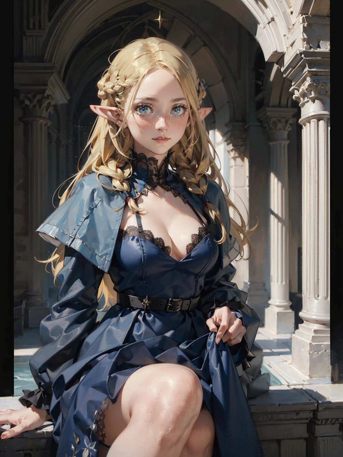 Gothic fashion woman，(masterpiece, Highest quality) detailed,Silver Accessories , blonde ,Pointy Ears ，Lace Underwear，Double Tail，Waist-length hair，smile，White lace socks，Rococo、Gorgeous dress