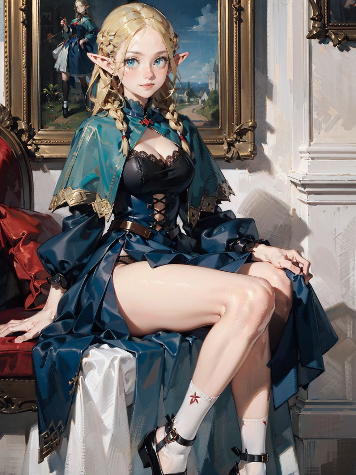 Gothic fashion woman,(masterpiece, Highest quality) detailed,Silver Accessories , blonde ,Pointy Ears ,Lace Underwear,Double Tail,Waist-length hair,smile,Star ornament,White lace socks,