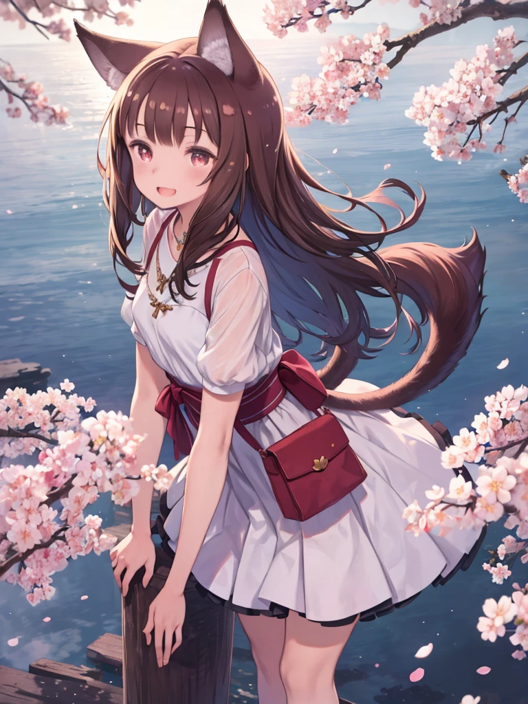 masterpiece, Highest quality, High resolution, One girl, Long Hair, Brown Hair, Animal ears, Red eyes, Wolf's tail, necklace, dress, sash, Pouch, cherry blossoms, Put your arms behind your back, smile, Open your mouth, Outdoor, Are standing, Leaning forward,