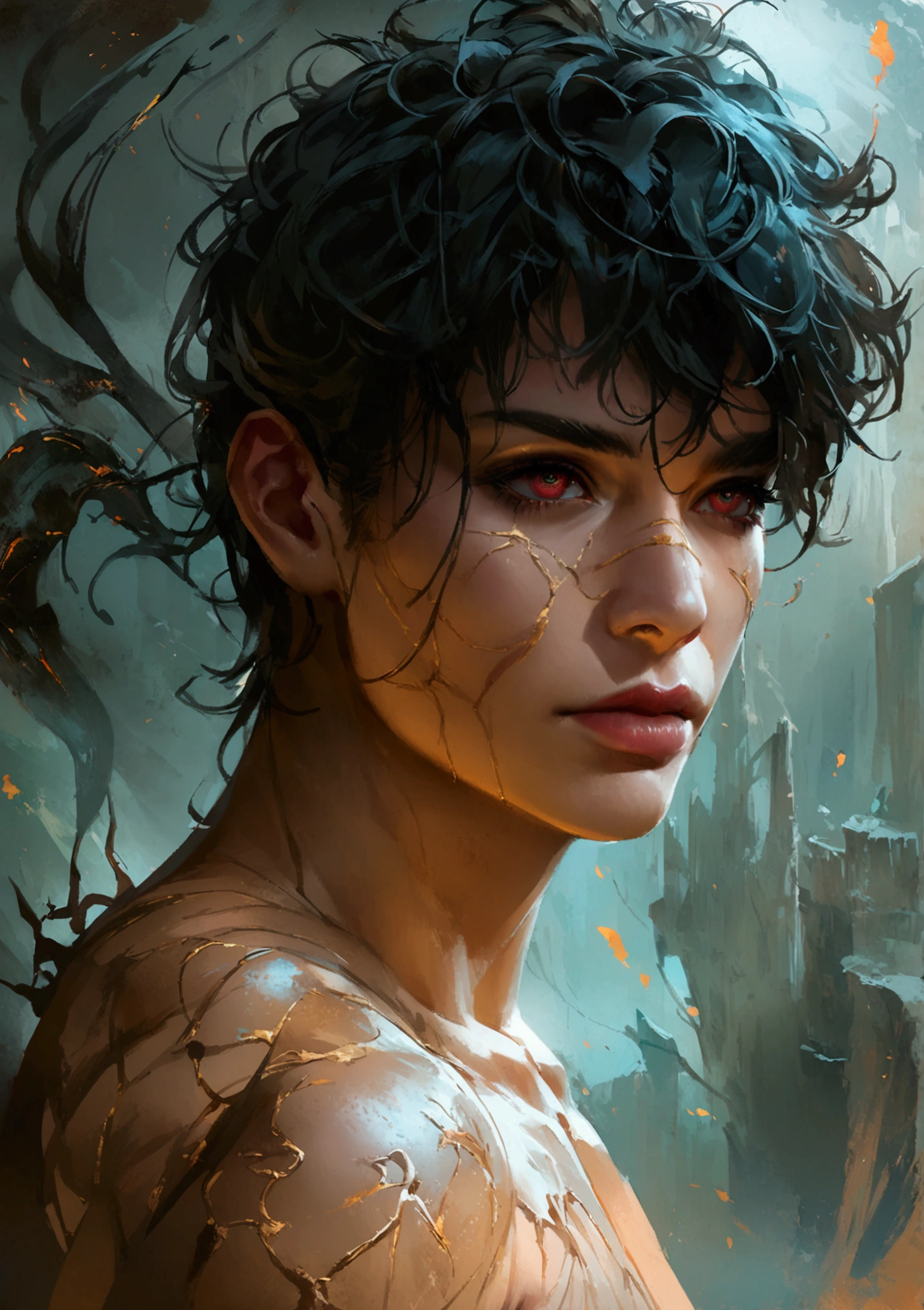 Realistic Digital Painting with Concept Art Elements"," digital painting," "concept art," "realistic," "high detail", "muscular",, "high-res", "ominous aura,", "8k resolution", "oil painting", "darker tone" , "little saturation" ,"dark feeling", "concept art" , "detailed features" , "detailed eyes" , "full body" , "1male"