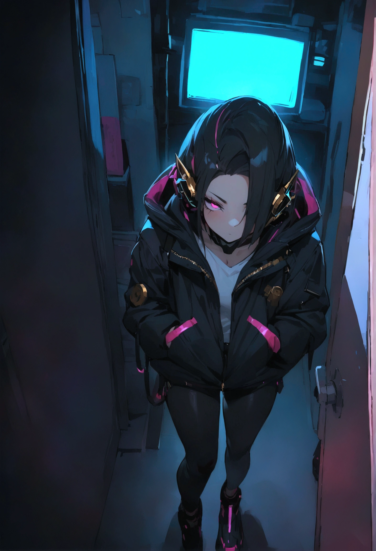 masterpiece,Highest quality,Super quality,cyber punk,Cool appearance,Gold and black hair,Actually a good guy,Being careless in your own room