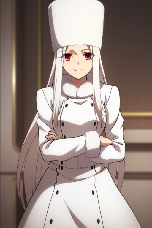 Irisviel Von Einzbern, (large breasts), oversized breasts, long hair, white hair, white fur coat, (white belt), white fur hat, solo, facing the viewer, looking at the viewer, smile, closed mouth, blurry background
