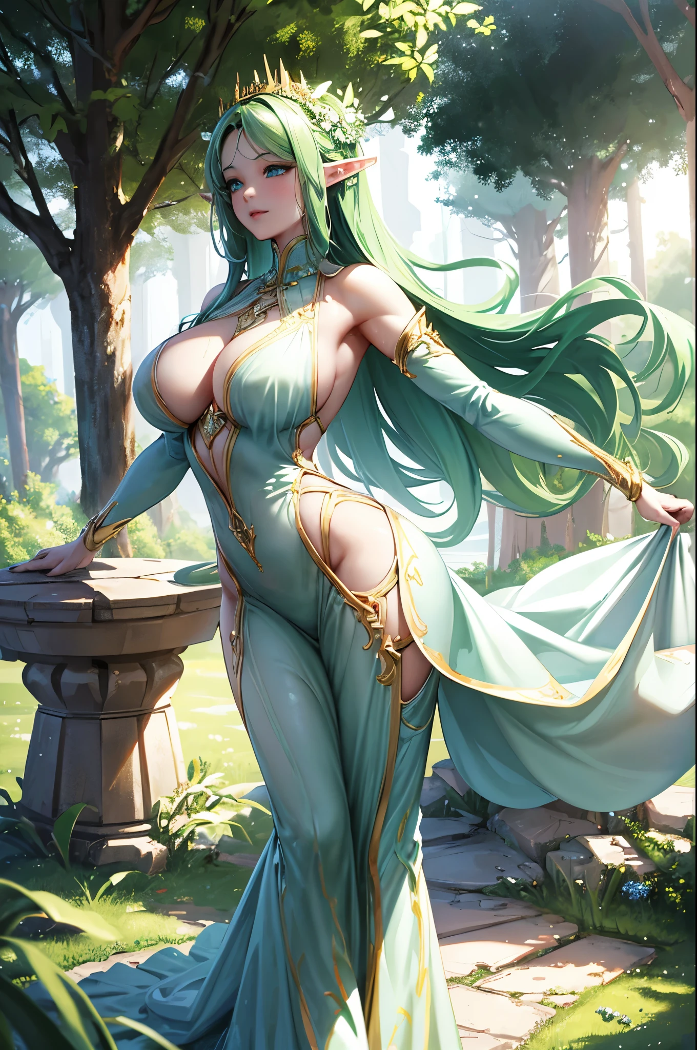 Sensual elf smiling, with her private parts marked on her clothes by water, showing her enormous wide and tight butt, with an angelic face with wet hair, exhausted, ultra realistic, her hands behind her head: with semi-transparent clothes very tight to the body , green and white costumes with gold details. A thin female elf but with a curvy silhouette, with very wide hips and a very tiny, super realistic waist. Her porcelain white skin shining under the natural light of the forest. Her beautiful, hyper-detailed, realistic features come to life in this cinematic image. Her voluptuous elven clothing clings to her body, showing off her perfect anatomical measurements and super-resolution details. The clothes are tight accentuating every curve of her, beads of sweat with detail on her skin, held by a spear-type sword between her hands, with elven details when holding it with both hands, her muscles that are gently marked on the abdomen and with many nuances. super feminine... The setting is a serene forest, with dappled sunlight filtering through the trees, casting an ethereal glow on the scene. (3:3 - 16:9 - q