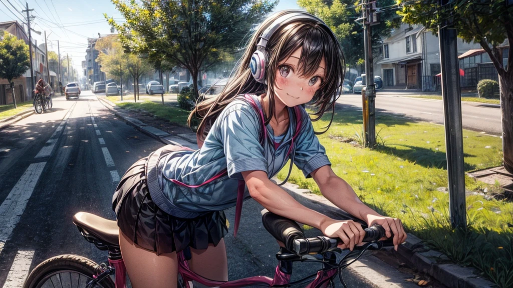 (((masterpiece))), (((best quality))), (((riding a uphill road bike))), ((hands on handlebar))), (((steep slope))), headphones, ((pink lace cycling shorts)), strong wind, 1girl, ribbon, ((black longhair)), collarbone, cleavage, ((big tits)), ((sweat)), ((wet body)), shy. blush, thin legs, ((slender figure)), <lora:girllikeuphill:1>