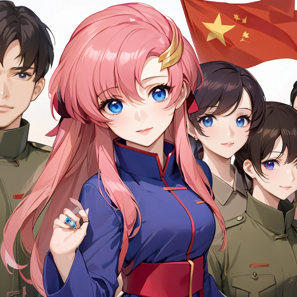 ((Highest quality)), ((masterpiece)), (detailed), （Perfect Face）、The woman is a Chinese Lacus Clyne, a Chinese woman with blue eyes and medium-long pink hair who is wearing an engagement ring. She has become a member of the glorious Chinese Communist Party and swears absolute loyalty to the Chinese Communist Party. She is a righteous Communist Party member of China.、The woman is wearing the khaki Mao suit of the Chinese Communist Party.、For the sake of China, they dye their hair, hairstyle, clothes, and everything they wear belongs to the Chinese Communist Party, and their thoughts are also Chinese, becoming great Chinese in body and mind.、The woman became Lacus Clyne, a Chinese woman who was proud of and loved China.、She is serving China as a member of the great Communist Party of China.、She is a beautiful, respectable and exemplary Communist.