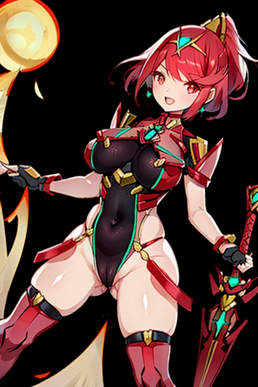 pyra \(xenoblade\), _1girl, , armor, bangs, black gloves, breasts, red eyes, light_open_mouth, earrings, eyelashes, fingerless gloves, floating hair, framed breasts, gem, gloves, hair ornament, headpiece, jewelry, big_breasts, leaning back, swimsuit, neon trim, official art, pose, red hair, saitou masatsugu, short hair, sidelocks, skin tight, solo, swept bangs, thighhighs, tiara, fantasy_town_background, underbust, vambraces, xenoblade chronicles \(series\), (xenoblade chronicles 2), (spread_legs:1.1), fire_effect,dynamic_pose,fighting,light_smile, (plump:1.4), big_ass,huge_sword, hold_large_sword_hilt, covered_nipples, (covered_pussy:1.2),cameltoe,back_view, fists,ponytail,plump,beautiful_fingers,(solo:1.1)