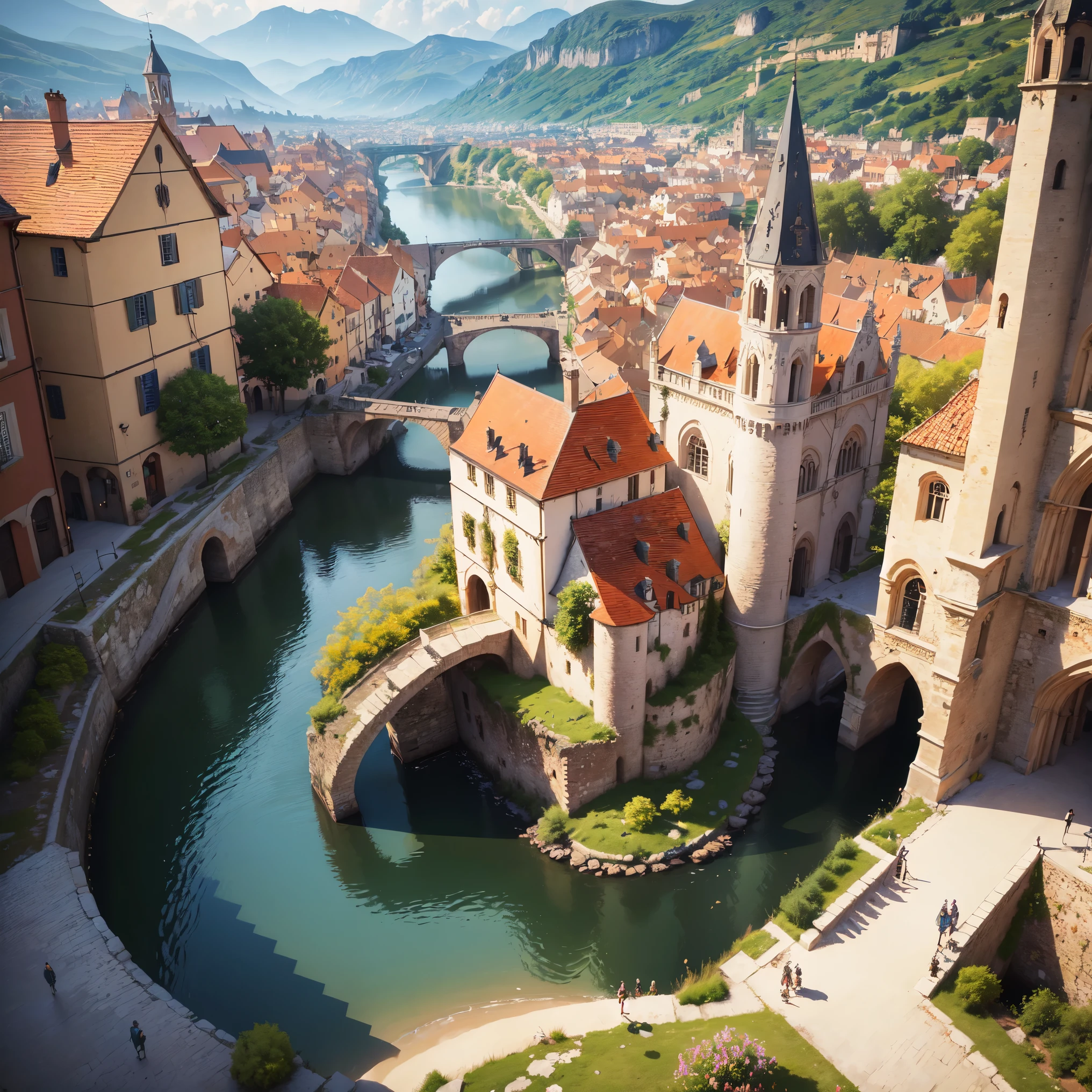 (best quality,4k,8k,highres,masterpiece:1.2),ultra-detailed,vibrant colors,detailed environments,action-packed scenes,playful atmosphere, beautiful medieval town, happy citizens