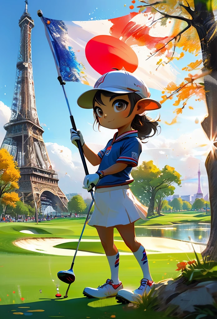 Splash Art, Cool Horse(Game Characters、Big eyes、The face of a horse and the body of a human wearing golfwear、holding a golf driver in his hand、Wearing a bronze medal、Eiffel Tower in the background、Olympic Games、背景にJapanese flag、The background is a beautifully maintained golf course.、), wonderfulインスタグラム, Art Station, Colorful paint splash style+, Very detailed、Exquisitely crafted down to the last detail, Engine Unreal, wonderful, Details Complexity, Splash screen, Complementary Color, Realistic concept art, 8k resolution, deviantart masterpiece, Oil, Thick brushwork, Paint drips, Splash Art,Paris,Japanese flag
