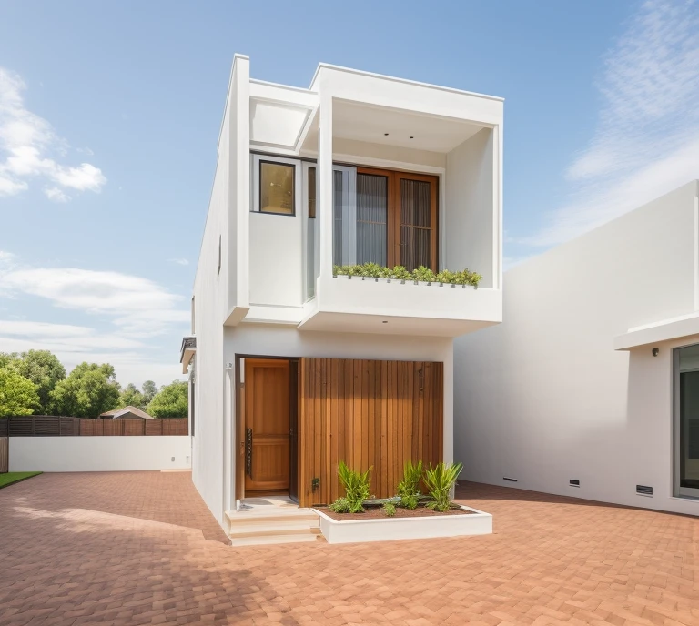 RAW photo,Masterpiece, high quality, best quality, authentic, super detail,
exterior, outdoors, house style modern on the streets with white wall, glass windows, wooden ceiling, decorative brick array, fence gate, trees, road, beautiful summer sky, straight roof