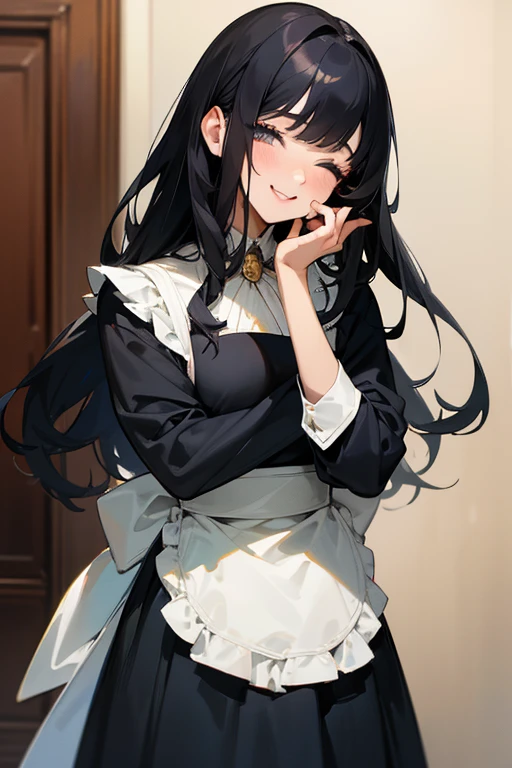 (Highest Resolution, clear_image) Highest quality, single, One Woman, alone, masterpiece, Very detailed, Semi-realistic, Black Hairのショートヘア, Black Hair, bangs, 18-year-old, mature, light blue uniform, uniform, Indoor Background, kind, Authoritative, Powerful, exquisite features, exquisite features、Eyelashes become longer、Showing teeth、smile😀、Maid clothes、reference、Put your hands on your hippie skirt、((Kiss with your eyes closed)).