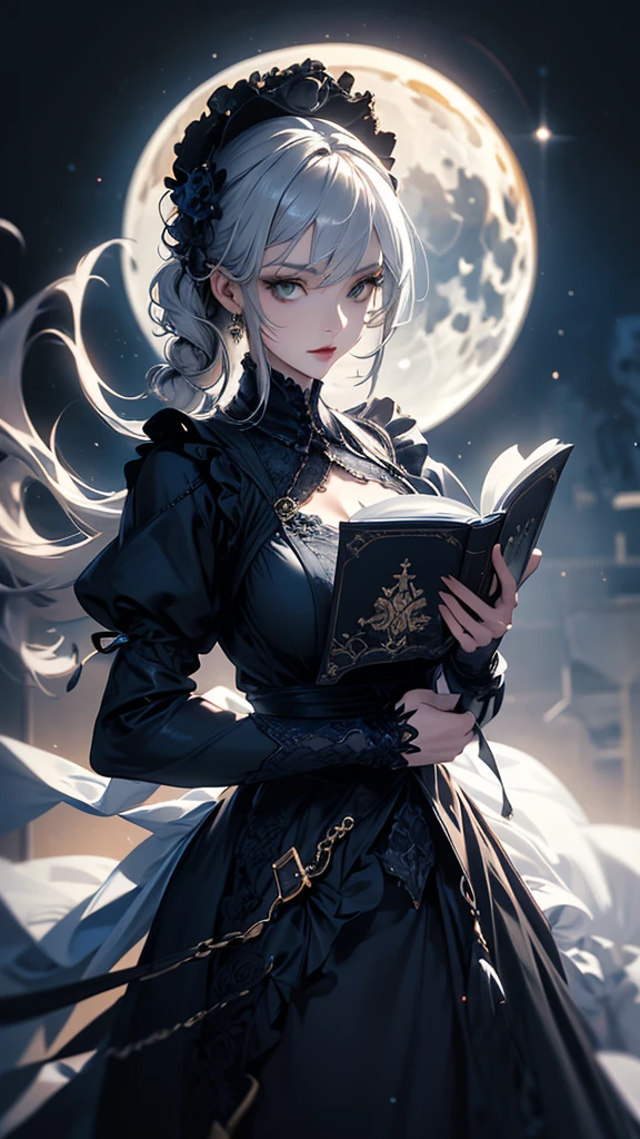 masterpiece, high quality, 4K, Beautiful design, silhouette,Gray Hair, Highly detailed time and space, wonderful, Finer details, Very knowledgeable woman, Highly detailed solo, 1 female,Big Breasts,Gothic Lolita Fashion,Reading a book,Night view,Starry Sky,full moon,