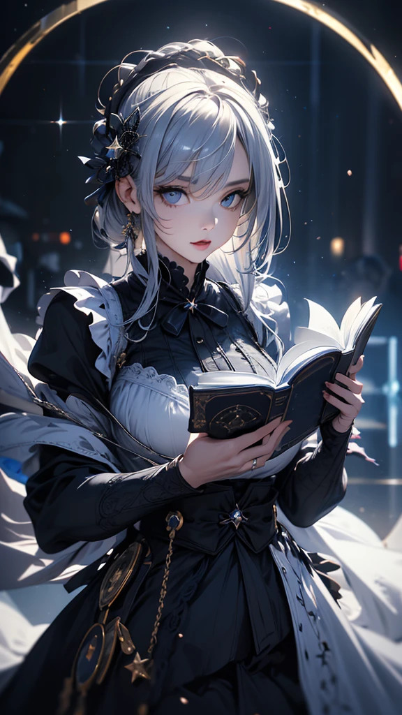 masterpiece, high quality, 4K, Beautiful design, silhouette，Gray Hair， Highly detailed time and space， wonderful, Finer details,  Very knowledgeable woman, Highly detailed solo, 1 female,Big Breasts，Gothic Lolita Fashion，Reading a book，Night view，Starry Sky，full moon，