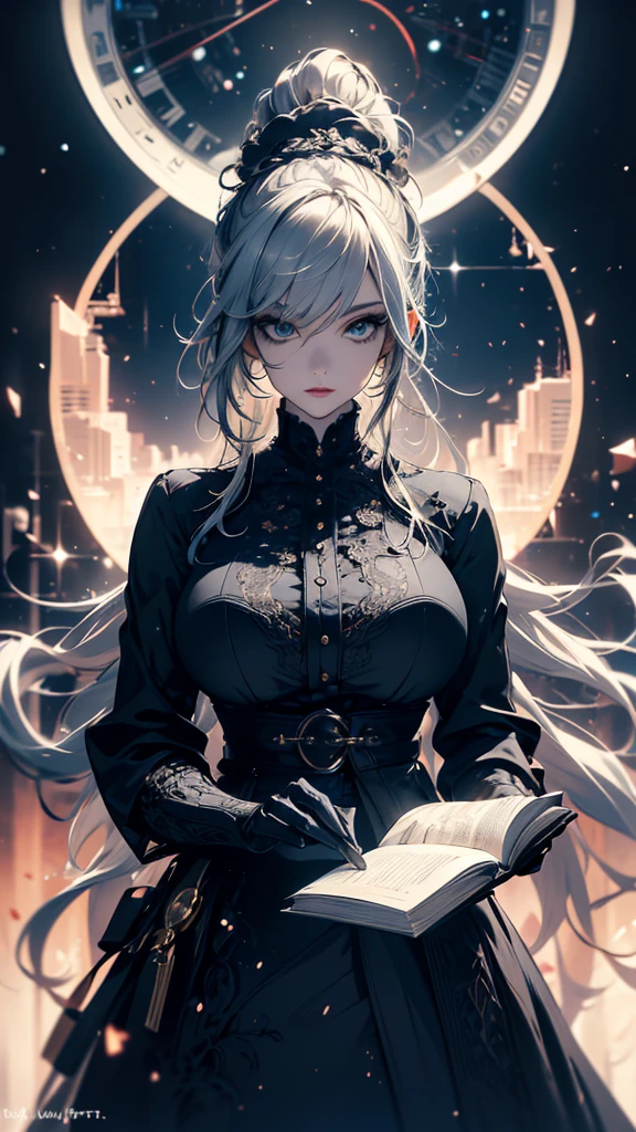 masterpiece, high quality, 4K, Beautiful design, silhouette,Gray Hair, Highly detailed time and space, wonderful, Finer details, Very knowledgeable woman, Highly detailed solo, 1 female,Big Breasts,Gothic ta Fashion,Reading a book,Night view,Starry Sky,full moon,
