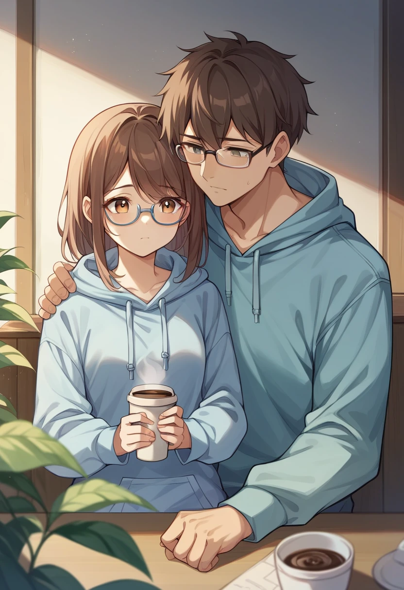 (Male to female ratio、1:1)girl、Brown Hair、long hair、Small breasts、Summer clothes、Cute and stylish clothes、Cafe、Holding coffee in hand、((man、Black short hair、Glasses、Light blue hoodie、))