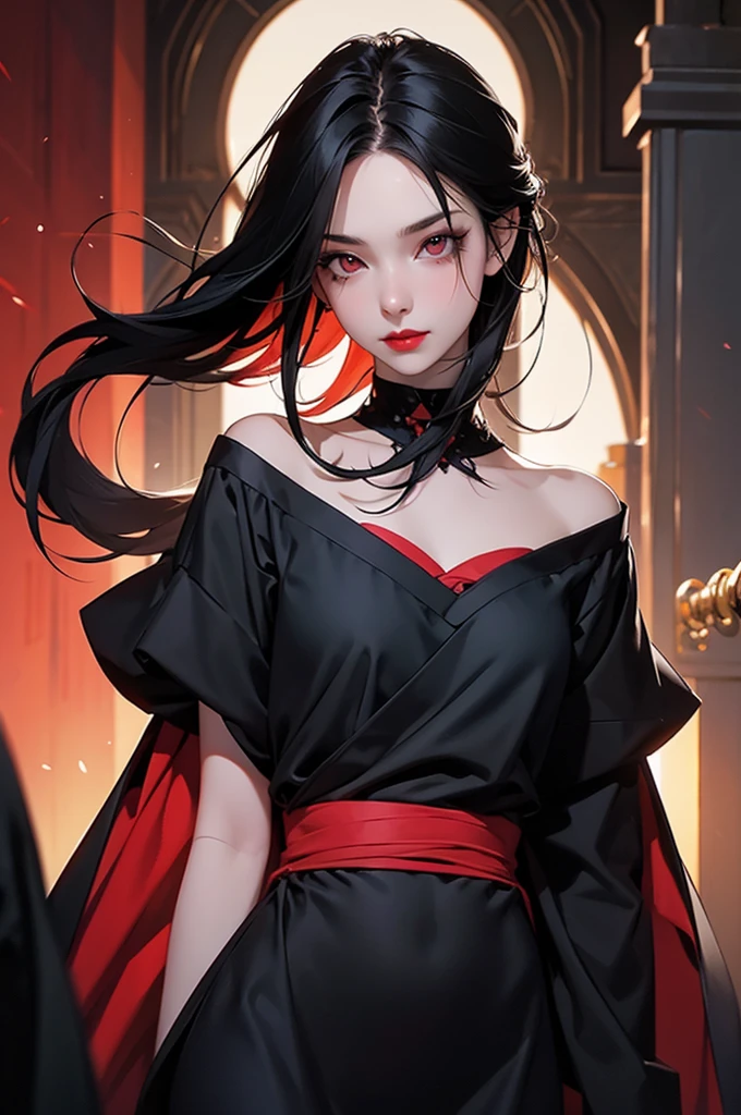 (full body portrait), 1girl, solo, sword, (long black hair), small dragon tattoo, detailed face, mischief expression, pale white skin, red eyes, (detailed eyes), long eyelashes, black eye liner, red lipstick, black tunic, asian theme dress, moonlight, hard lighting, red light, cold light, (medieval theme), (masterpiece), super detailed, best quality, POV, dw01-3400