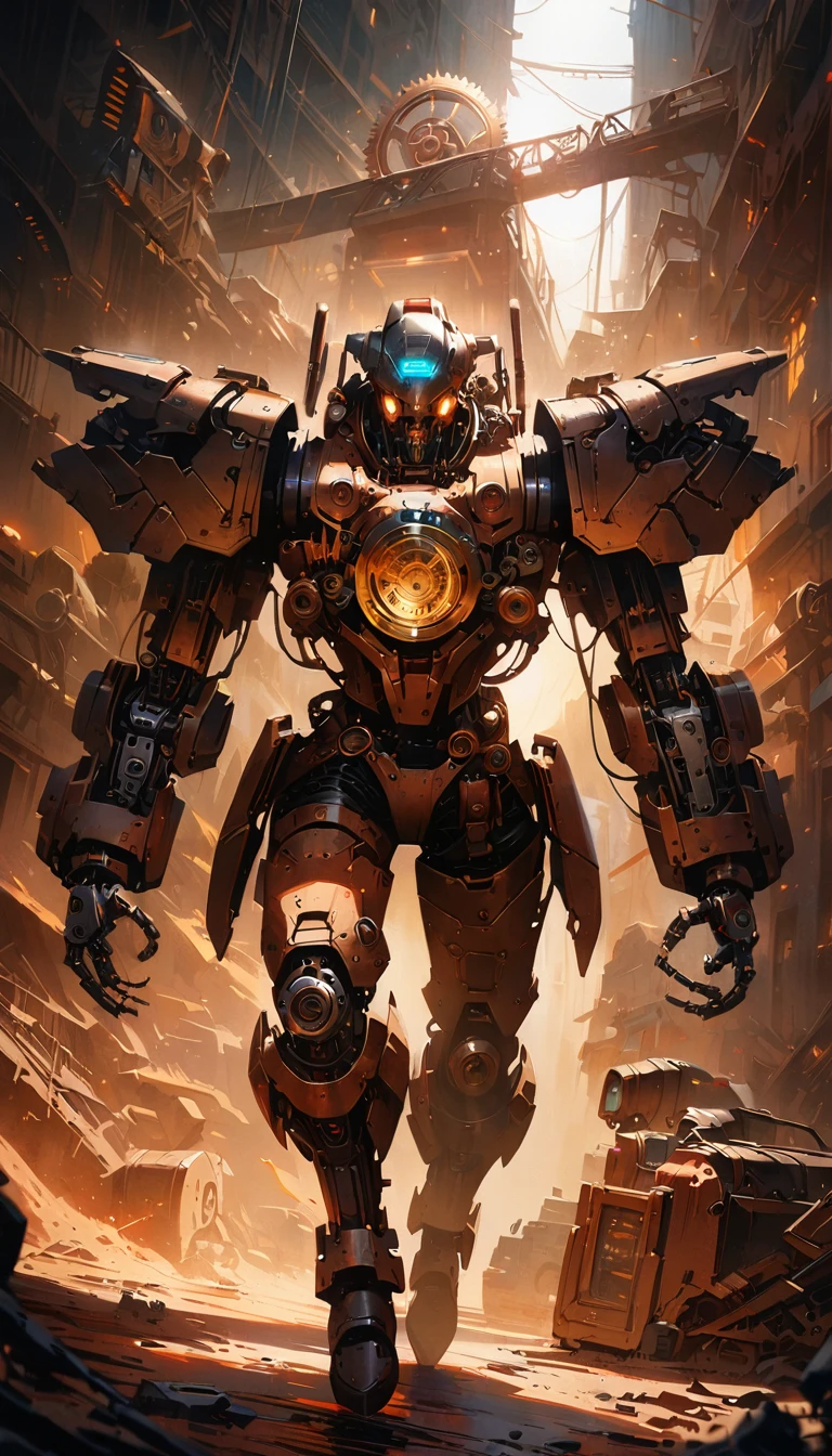 a photorealistic digital painting of a scary mechanical creature, a mix of a female body, bird, and horse, intricate details of mechanical parts and elements, complex mechanism, mechanical body of woman, mechanical horse head, mechanical eagle wings, flight above street, highly detailed, cinematic lighting, dark atmosphere, complex gears, pipes, wires, chrome metallic surfaces, glowing red eyes, sharp talons, robotic limbs, beautifully rendered, masterpiece, horror fantasy background, Cinematic Hollywood Film, full body shot