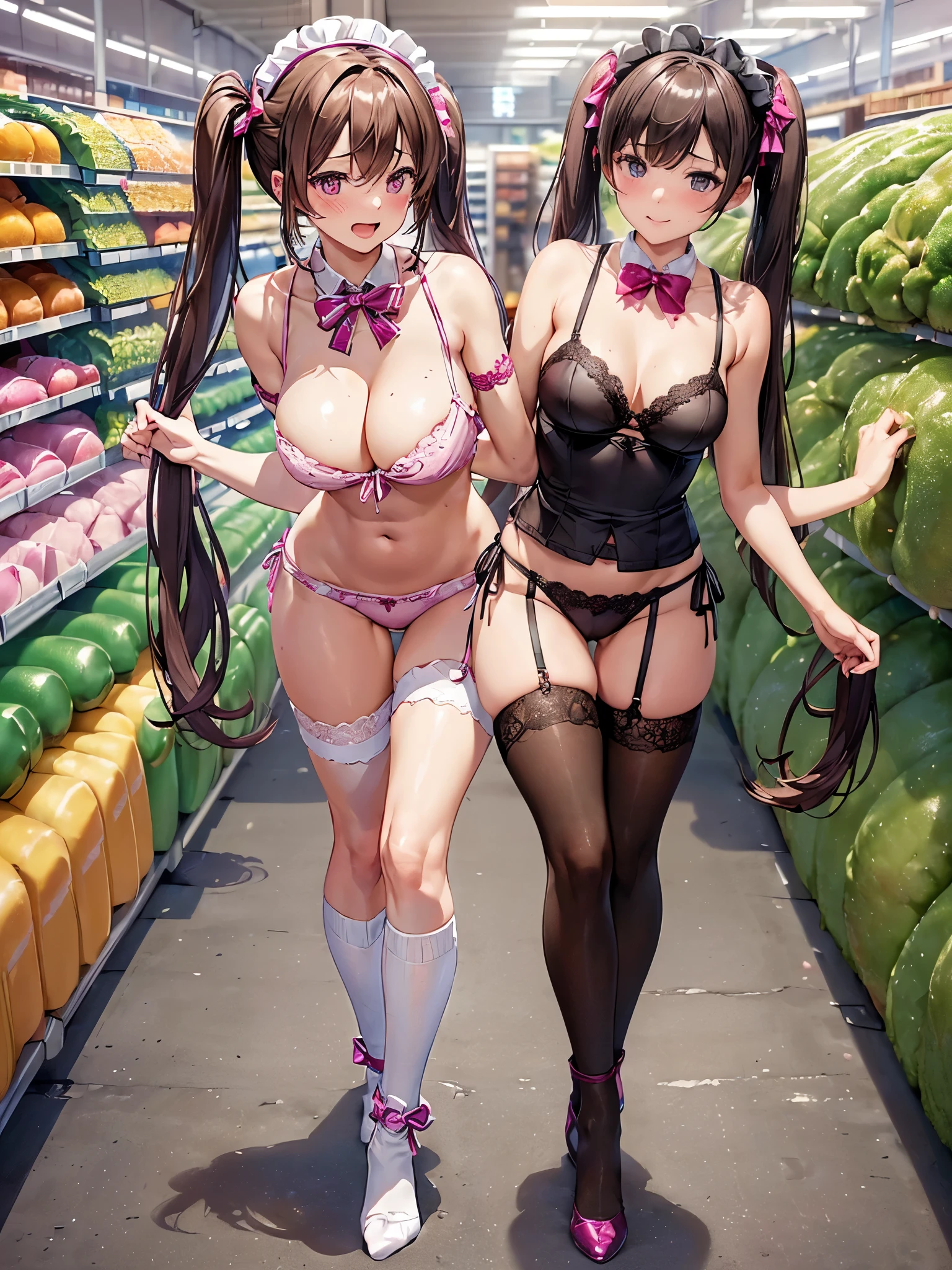 (((masterpiece, Highest quality, High resolution, 超High resolution, Perfect Pixel, Depth of written boundary, 4K, RTTX 10.0))), Beautiful Anime Woman, Beautiful art style, Anime characters, ((Smooth texture, Realistic texture, Anime CG Style)), Perfect and accurate finger count、Exact number of legs、(Exact number of arms:1.0, Exact number of hands:1.0), (Perfect hands, Perfect Anatomy), Cinematic, Realistic, Extremely detailed CG, Daytime lighting, Perfect lighting, Best Shadow, The best natural light, whole body, Perfect body, バランのとれたPerfect body, Perfectly balanced style, Soft body, Slender body, ((bangs, Dark brown hair, Twin tails, High Up)), ((A cute adult woman is walking towards me:1.8)), ((Bow tie around neck:1.3), (y and cute magenta underwear:1.3), (Stylish shiny magenta satin panide-tie magenta panties, Pwith plaita center and lace decoration on the sides, Thin magenta panties:1.4), (Magenta Mce Satin Bra, Magenta bra with oversized lace trim around the edges, Thin bra:1.4), (lace garter belt, Garter Strings, Knee socks:1.3):1.3), (Beautiful big boobs:1.1), (Embarrassed expres1.7), blush, (supermarket, Merchandise Shed, aisle, Many visitors in the background, Inside the crowded store:1.7), naked, In underwear, (Frilly maid hed:1.2), Angle from the front