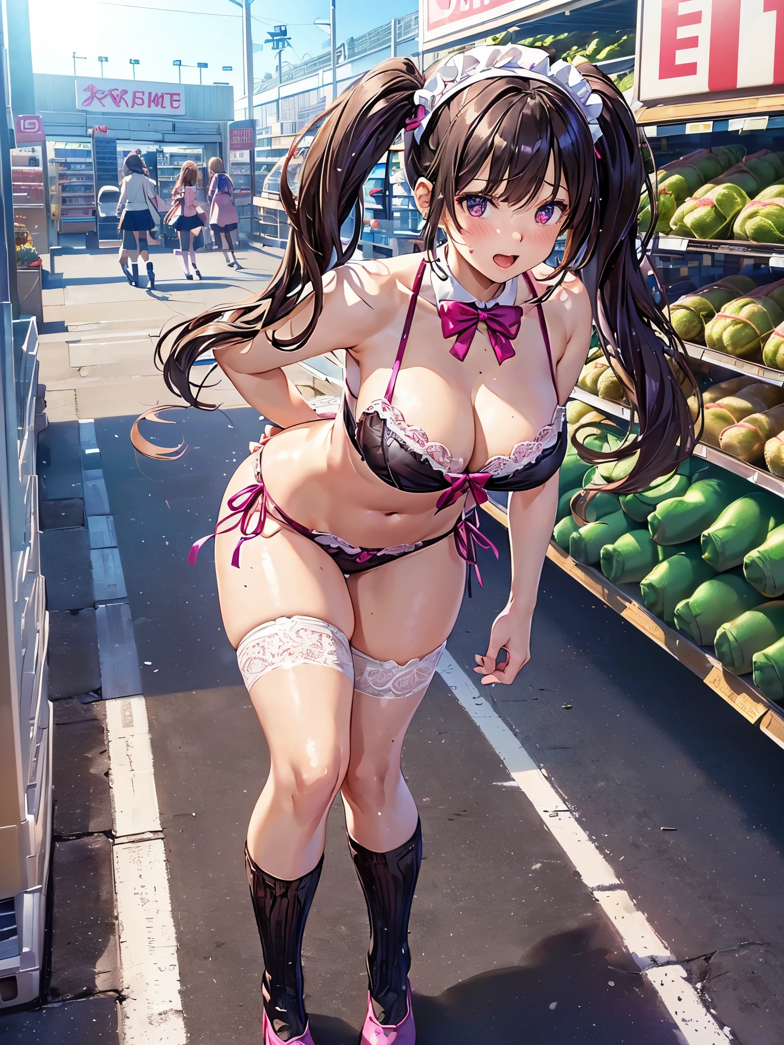 (((masterpiece, Highest quality, High resolution, 超High resolution, Perfect Pixel, Depth of written boundary, 4K, RTTX 10.0))), Beautiful Anime Woman, Beautiful art style, Anime characters, ((Smooth texture, Realistic texture, Anime CG Style)), Perfect and accurate finger count、Exact number of legs、(Exact number of arms:1.0, Exact number of hands:1.0), (Perfect hands, Perfect Anatomy), Cinematic, Realistic, Extremely detailed CG, Daytime lighting, Perfect lighting, Best Shadow, The best natural light, whole body, Perfect body, バランのとれたPerfect body, Perfectly balanced style, Soft body, Slender body, ((bangs, Dark brown hair, Twin tails, High Up)), ((A cute adult woman is walking towards me:1.8)), ((Bow tie around neck:1.3), (Sexy and cute magenta underwear:1.3), (Stylish shiny magenta satin panties, Side-tie magenta panties, Panties with plain magenta center and lace decoration on the sides, Thin magenta panties:1.4), (Magenta Micro Lace Satin Bra, Magenta bra with oversized lace trim around the edges, Thin bra:1.4), (lace garter belt, Garter Strings, Knee socks:1.3):1.3), (Beautiful big boobs:1.1), (Embarrassed expression:1.7), blush, (supermarket, Merchandise Shed, aisle, Many visitors in the background, Inside the crowded store:1.7), naked, In underwear, (Frilly maid headband:1.2), Angle from the front
