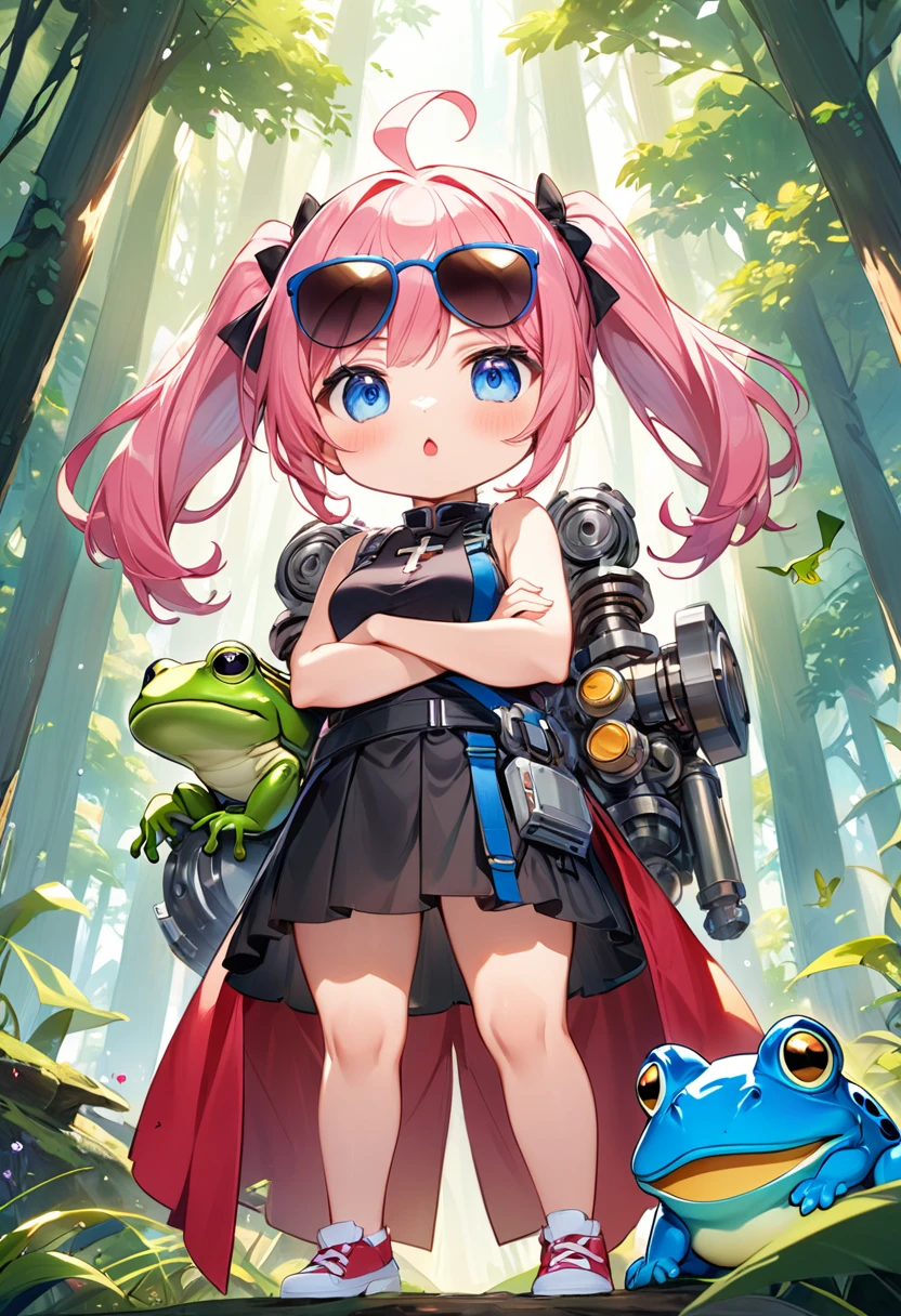 Highest quality、High resolution、Detailed Background、Beautiful face in every detail、Anatomically correct、Detailed facial expressions、fine grain、((full body, from below:1.8, front shot)), break　((少女とBig mechanical frogが向き合う:1.2)、(Chibi Girl:1.2))、Cute hair color、Big beautiful blue eyes、Fuller lips、Pink Lips、Braided twin tails、Ahoge、(A girl is talking to a frog:1.2)、(Cute sleeveless summer clotheini skirt、Cute sneakers)、break　((Spread your legs、Stand with your back straight、((Cross your arms:1.2))))、(Get angry、Close your mouth、Determined look:1.2)、break　(The background is an ancient ruin、in the forest、((Big mechanical frog:1.2、sunglasses)))